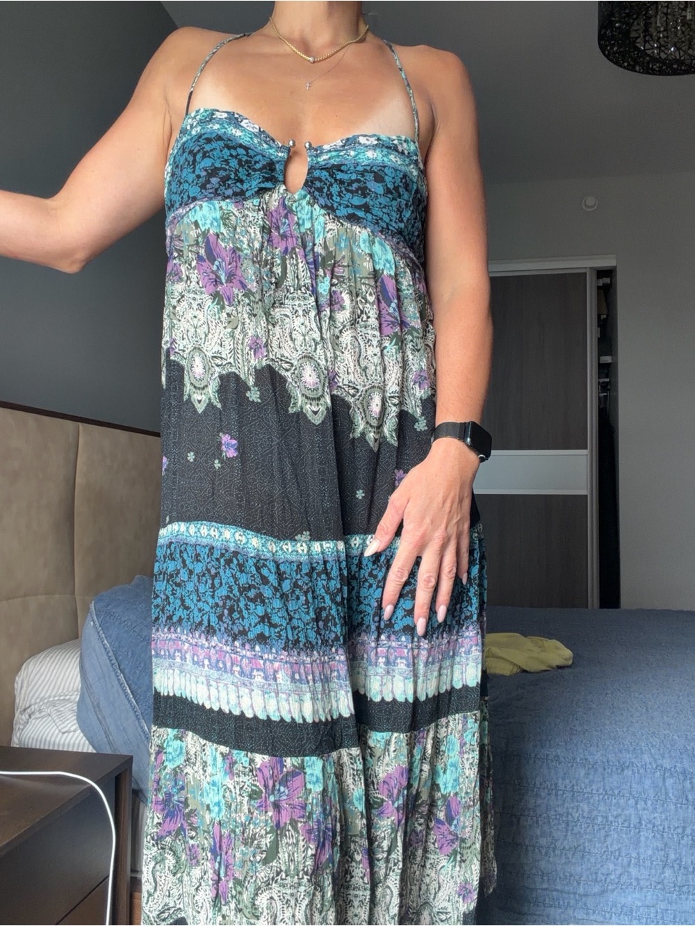 Free People Teal, Purple & Black Boho Tiered Maxi Dress